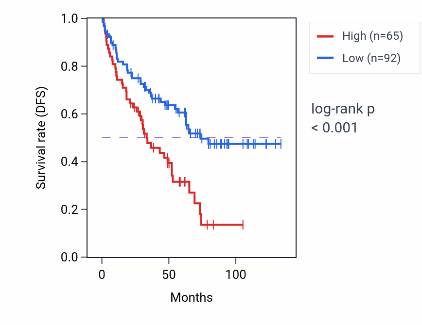 Kaplan&ndash;Meier survival curve for RNU6-703P RNA expression in UCEC: high vs low expression groups.