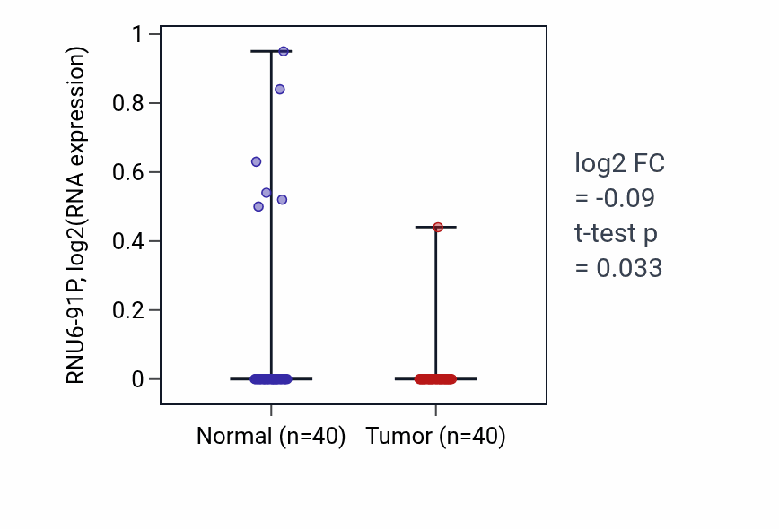 Tumor-vs-normal expression box plot for RNU6-91P RNA in HNSC.