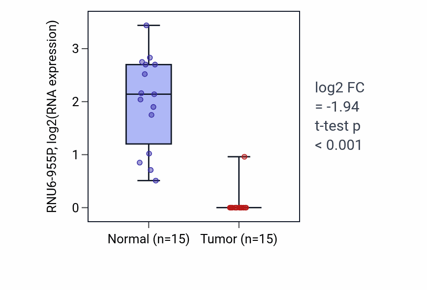 Tumor-vs-normal expression box plot for RNU6-955P in LUAD.