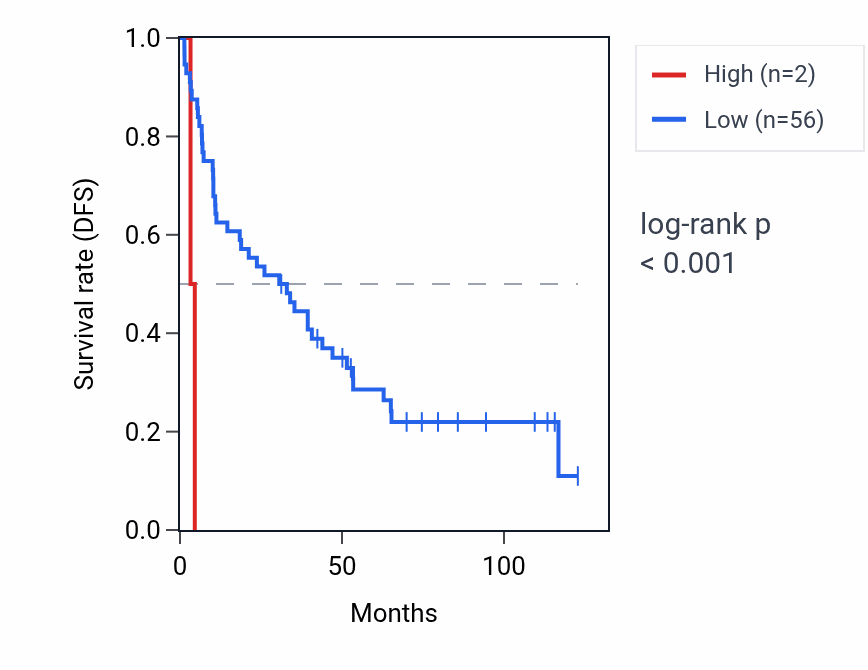 Kaplan&ndash;Meier survival curve for RNU6-989P RNA expression in KIRC: high vs low expression groups.