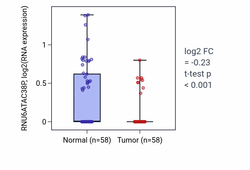 Tumor-vs-normal expression box plot for RNU6ATAC38P in THCA.
