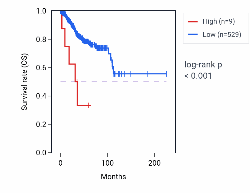 Kaplan&ndash;Meier survival curve for RNU7-173P RNA expression in UCEC: high vs low expression groups.