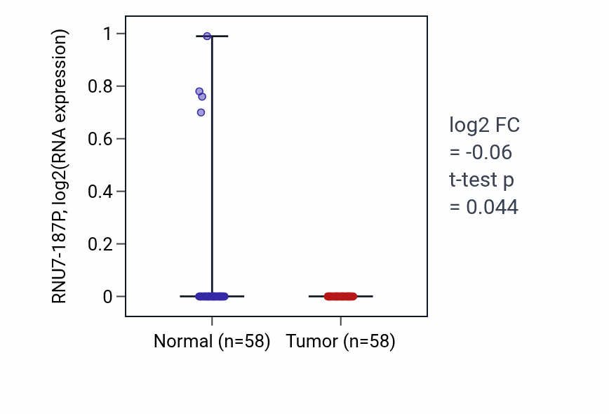 Tumor-vs-normal expression box plot for RNU7-187P in THCA.