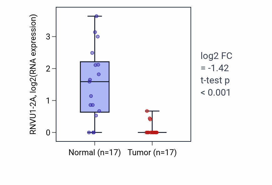 Tumor-vs-normal expression box plot for RNVU1-2A RNA in THCA.