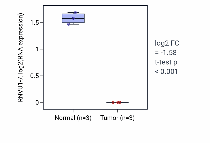 Tumor-vs-normal expression box plot for RNVU1-7 in THCA.