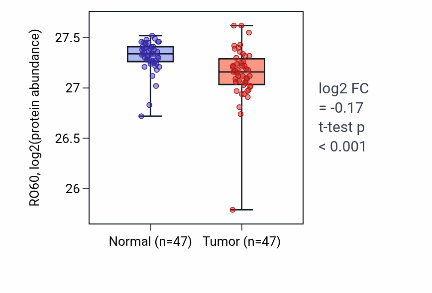 Tumor-vs-normal mass-spec protein box plot for RO60 in LUAD.