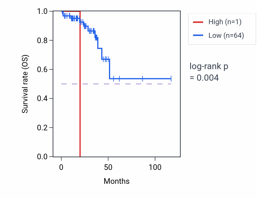 Kaplan&ndash;Meier survival curve for ROBO2P1 RNA expression in BLCA: high vs low expression groups.