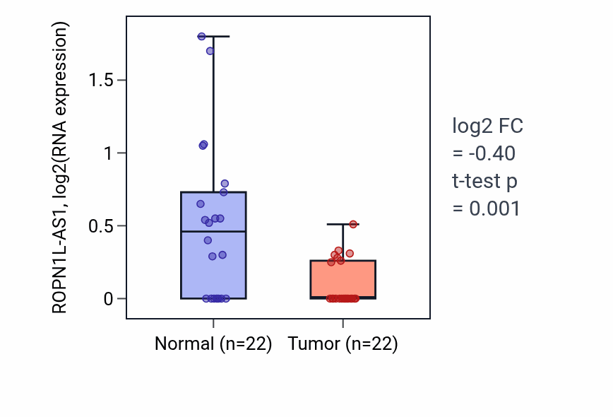 Tumor-vs-normal expression box plot for ROPN1L-AS1 in KICH.
