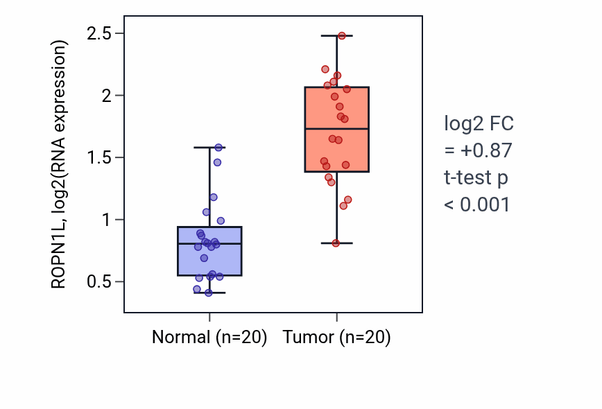 Tumor-vs-normal expression box plot for ROPN1L RNA in KIRC.