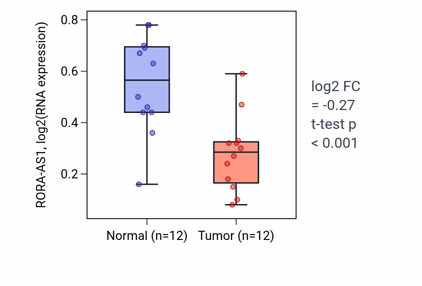 Tumor-vs-normal expression box plot for RORA-AS1 in KIRC.