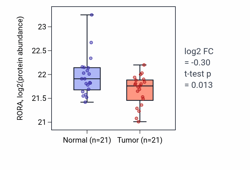 Tumor-vs-normal mass-spec protein box plot for RORA in LSCC.
