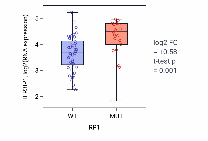 Box plot of IER3IP1 in RP1-low vs RP1-high samples in LARGE_INTESTINE.