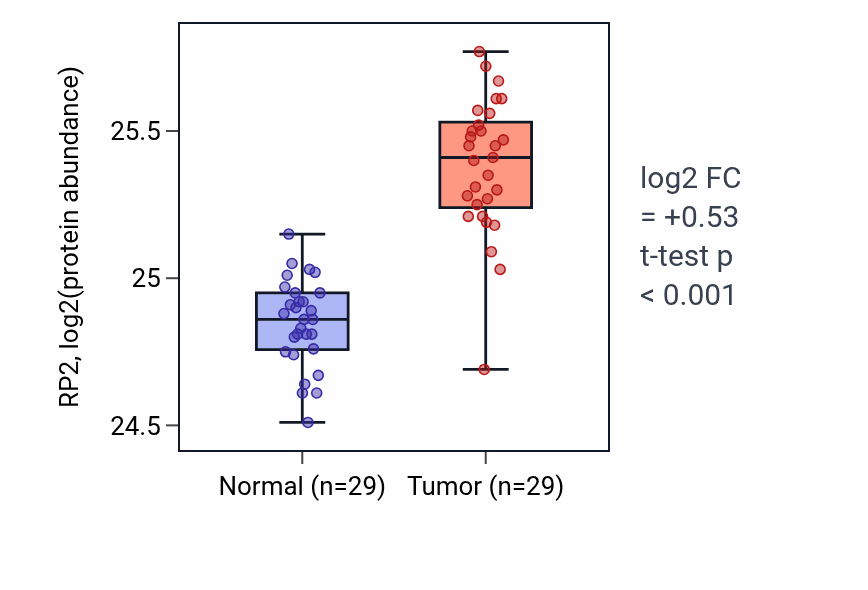 Tumor-vs-normal mass-spec protein box plot for RP2 in CCRCC.