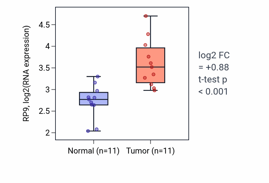Tumor-vs-normal expression box plot for RP9 RNA in HNSC.