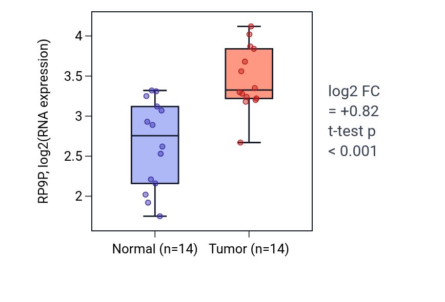 Tumor-vs-normal expression box plot for RP9P in KIRC.