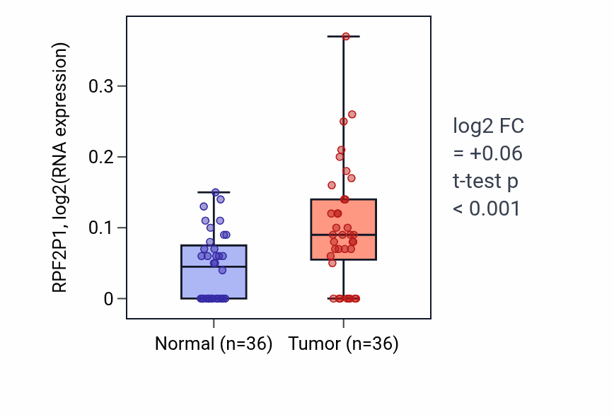 Tumor-vs-normal expression box plot for RPF2P1 in KIRC.