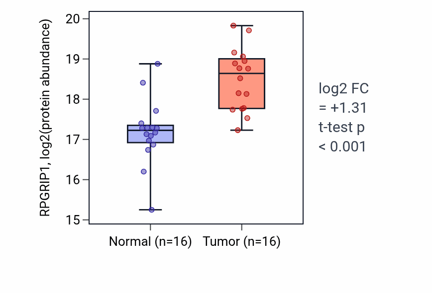 Tumor-vs-normal mass-spec protein box plot for RPGRIP1 in PDAC.