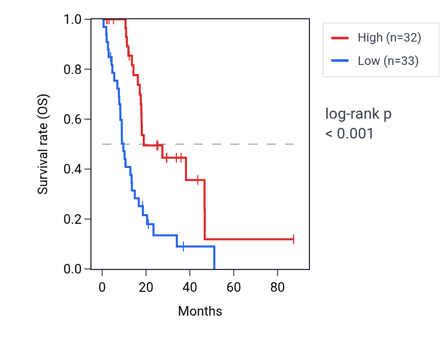Kaplan&ndash;Meier survival curve for RPH3AL RNA expression in BLCA: high vs low expression groups.