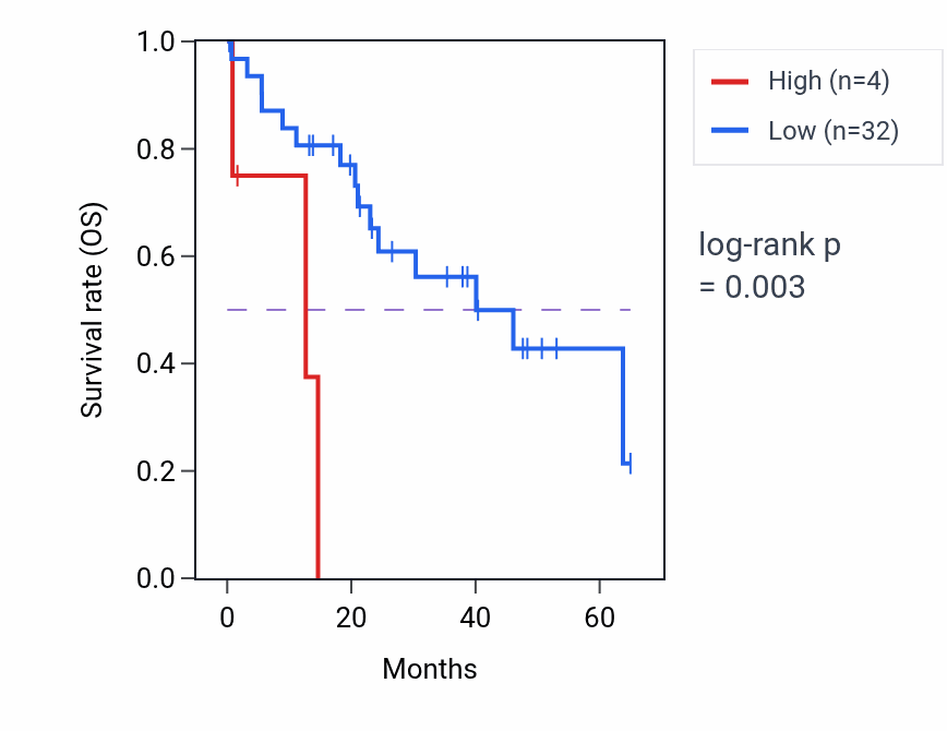 Kaplan&ndash;Meier survival curve for RPL19P13 RNA expression in CHOL: high vs low expression groups.