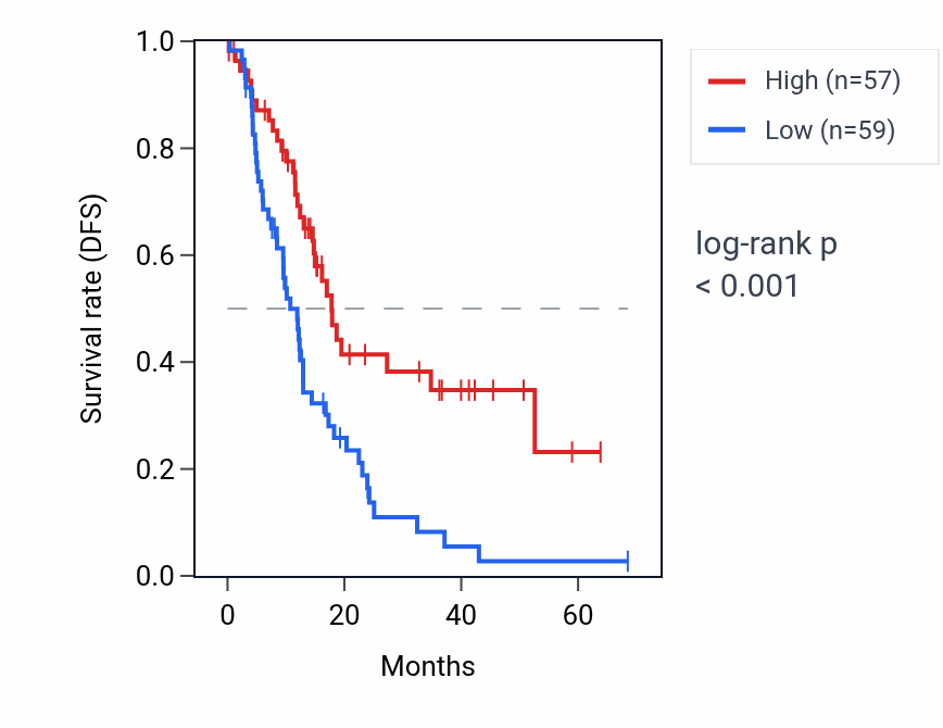 Kaplan&ndash;Meier survival curve for RPL21P3 RNA expression in PAAD: high vs low expression groups.