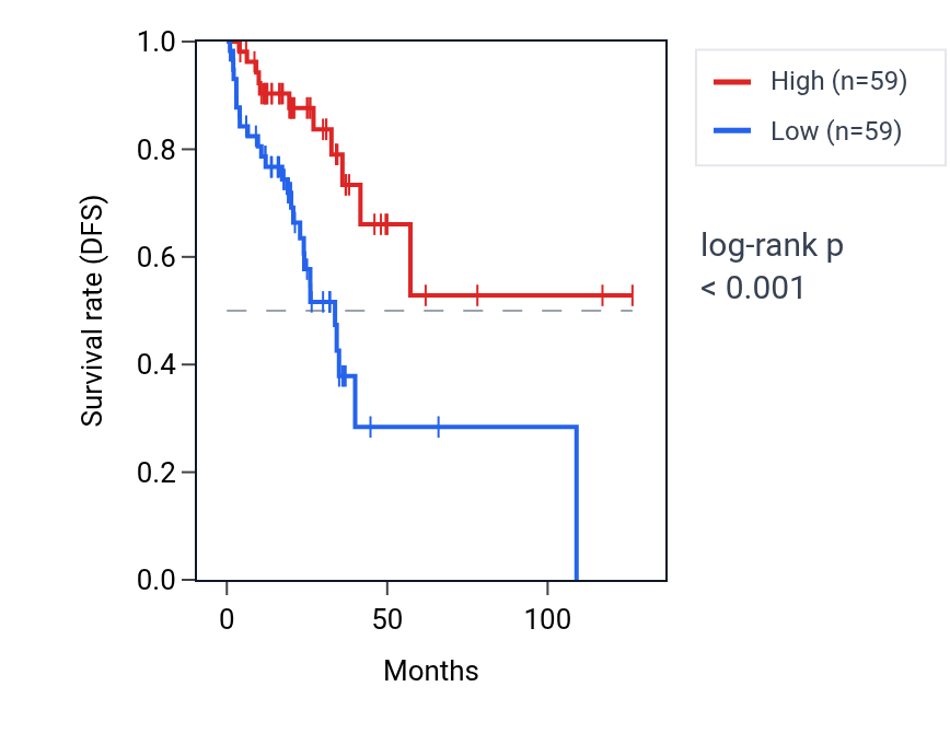 Kaplan&ndash;Meier survival curve for RPL22P16 RNA expression in READ: high vs low expression groups.