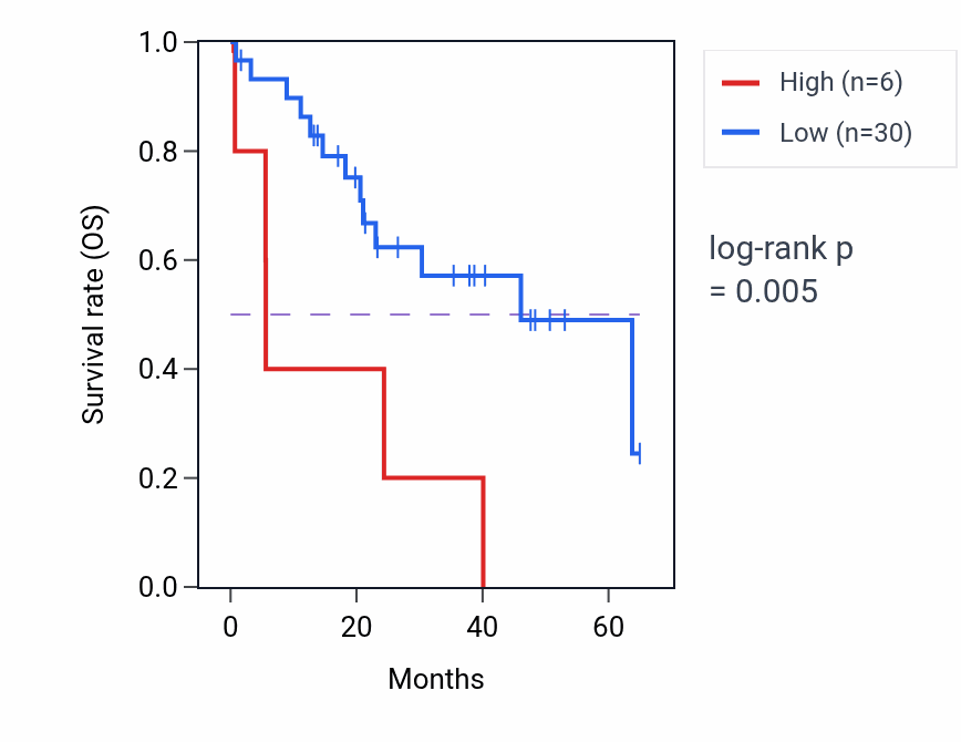 Kaplan&ndash;Meier survival curve for RPL22P17 RNA expression in CHOL: high vs low expression groups.