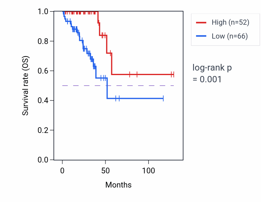 Kaplan&ndash;Meier survival curve for RPL23AP88 RNA expression in READ: high vs low expression groups.