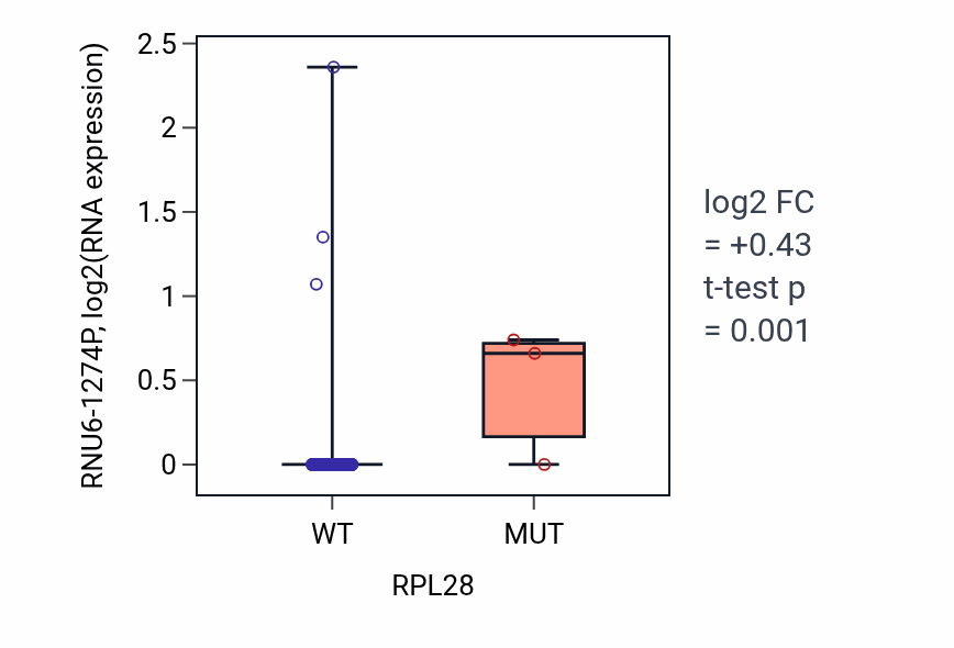 Box plot of RNU6-1274P in RPL28-low vs RPL28-high samples in READ.