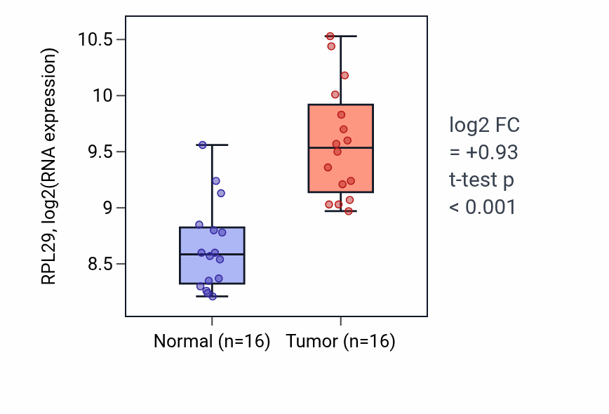 Tumor-vs-normal expression box plot for RPL29 RNA in KIRP.