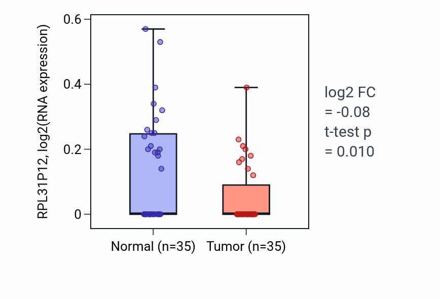 Tumor-vs-normal expression box plot for RPL31P12 in LUSC.