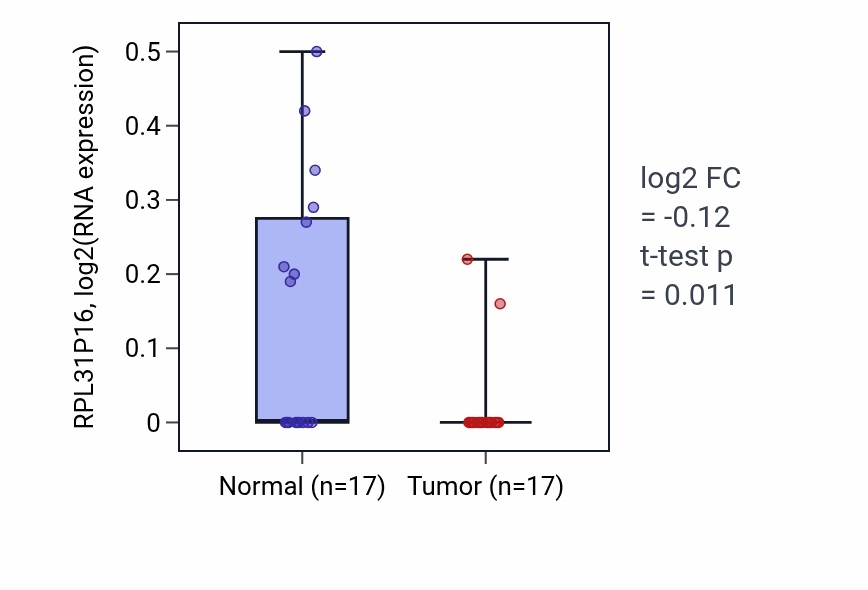 Tumor-vs-normal expression box plot for RPL31P16 in THCA.