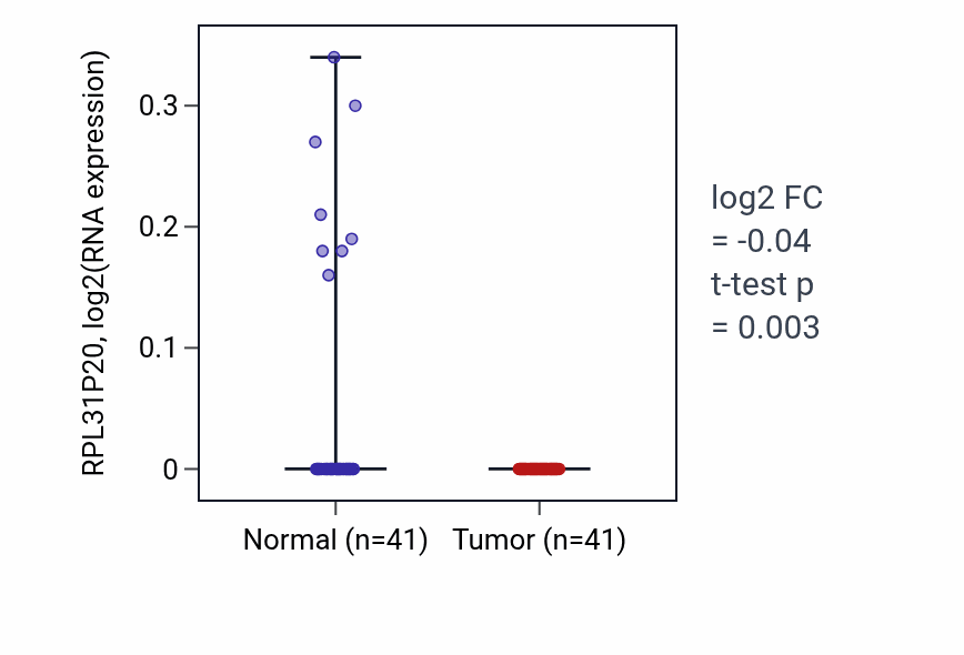 Tumor-vs-normal expression box plot for RPL31P20 RNA in THCA.