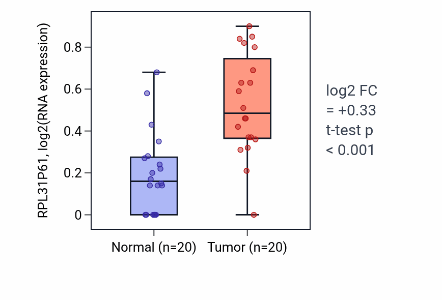 Tumor-vs-normal expression box plot for RPL31P61 in KIRC.