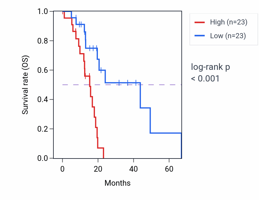 Kaplan&ndash;Meier survival curve for RPL5P12 RNA expression in PAAD: high vs low expression groups.