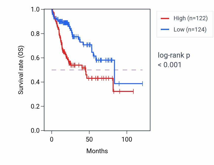 Kaplan&ndash;Meier survival curve for RPL5P34 RNA expression in LIHC: high vs low expression groups.
