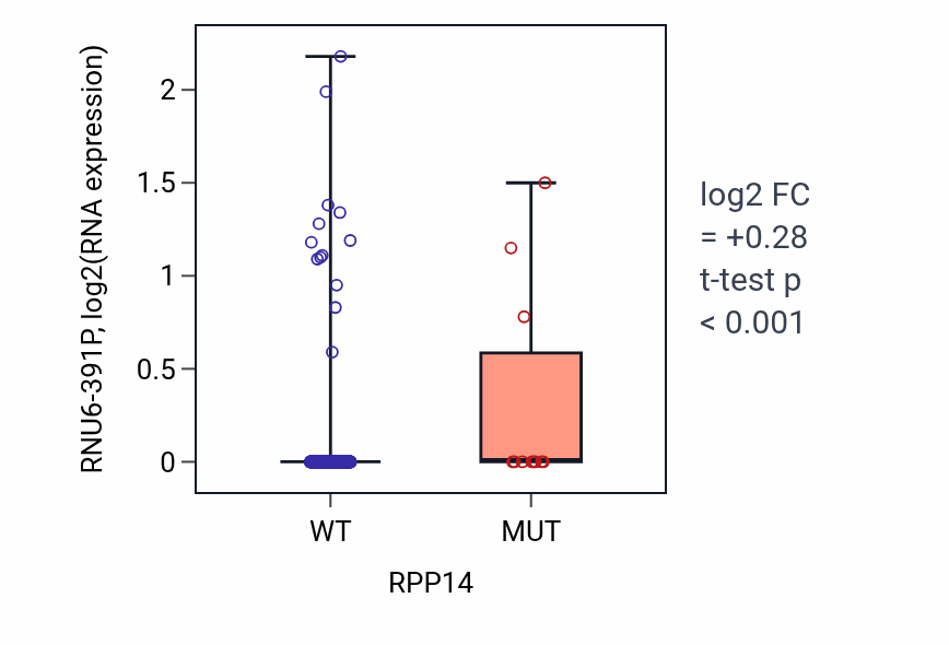 Box plot of RNU6-391P in RPP14-low vs RPP14-high samples in UCEC.