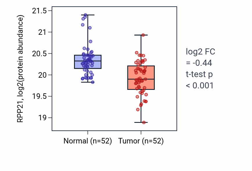 Tumor-vs-normal mass-spec protein box plot for RPP21 in LUAD.