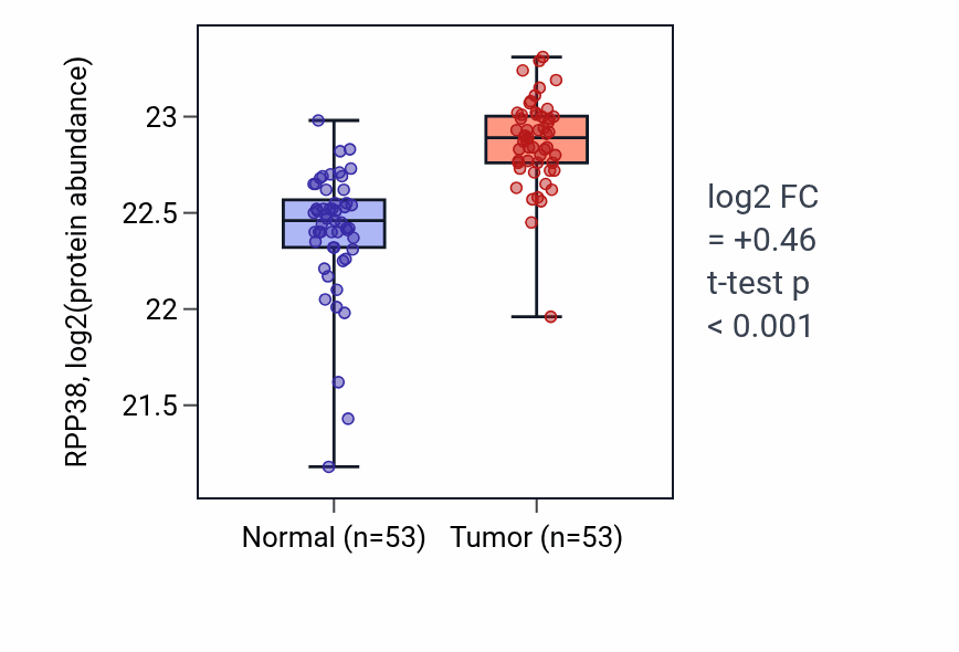 Tumor-vs-normal mass-spec protein box plot for RPP38 in HNSC.