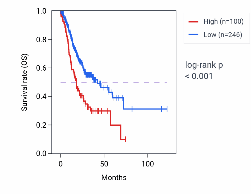 Kaplan&ndash;Meier survival curve for RPS15AP34 RNA expression in STAD: high vs low expression groups.