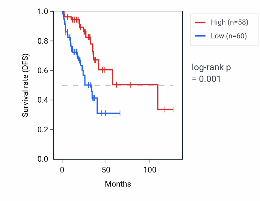 Kaplan&ndash;Meier survival curve for RPS15AP38 RNA expression in READ: high vs low expression groups.