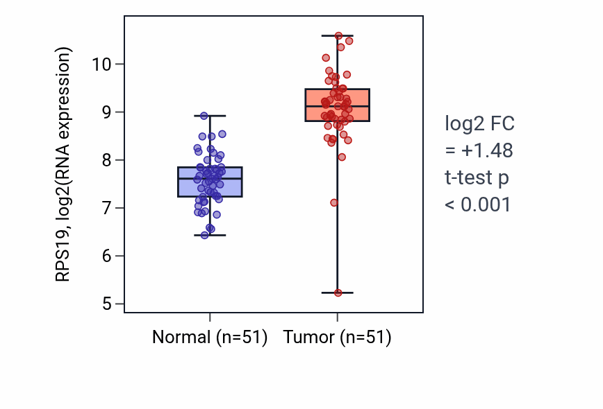 Tumor-vs-normal expression box plot for RPS19 RNA in KIRC.