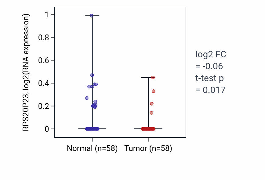 Tumor-vs-normal expression box plot for RPS20P23 in THCA.