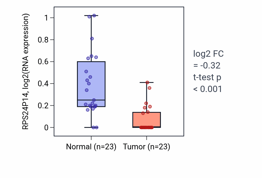 Tumor-vs-normal expression box plot for RPS24P14 in THCA.