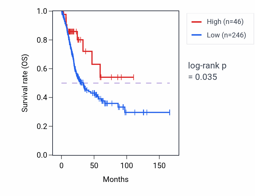 Kaplan&ndash;Meier survival curve for RPS24P21 RNA expression in BLCA: high vs low expression groups.