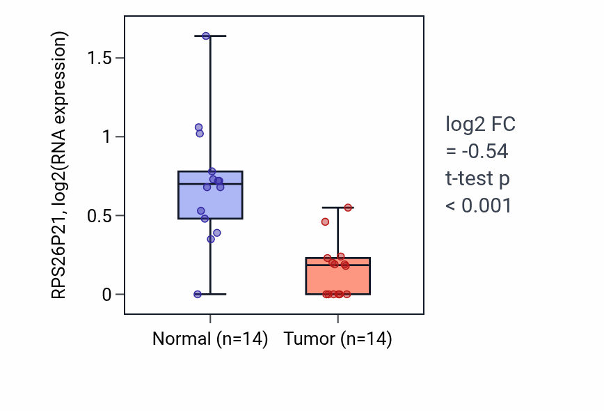 Tumor-vs-normal expression box plot for RPS26P21 RNA in LUSC.