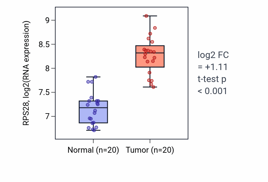 Tumor-vs-normal expression box plot for RPS28 RNA in KIRC.