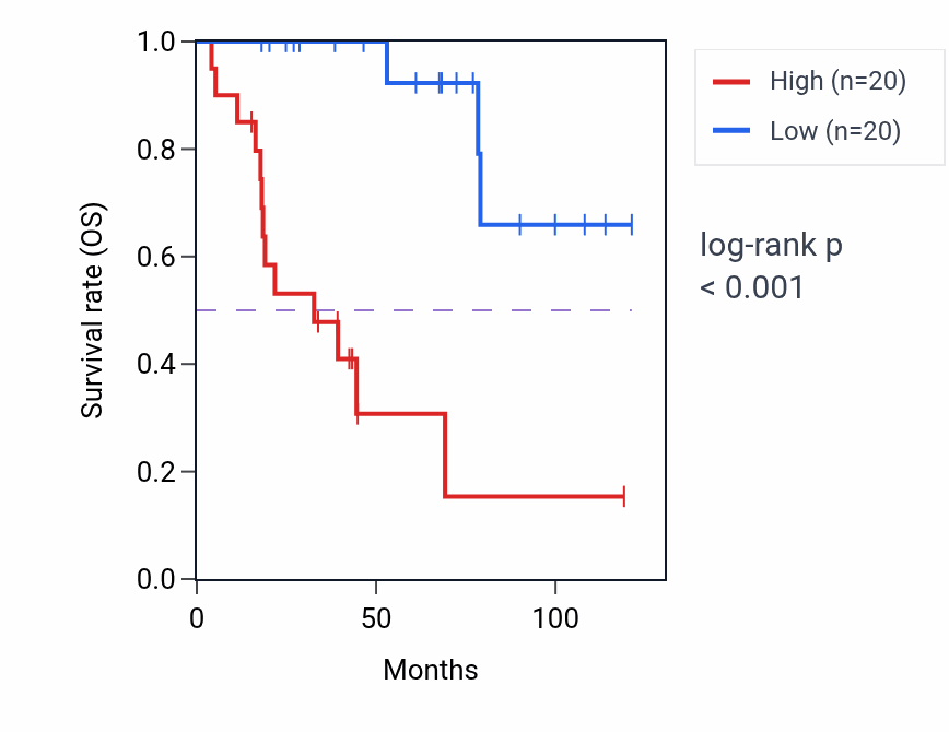 Kaplan&ndash;Meier survival curve for RPS2P35 RNA expression in ACC: high vs low expression groups.