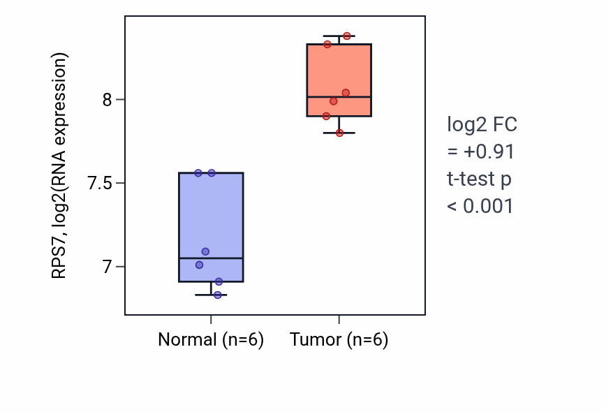 Tumor-vs-normal expression box plot for RPS7 RNA in KIRC.