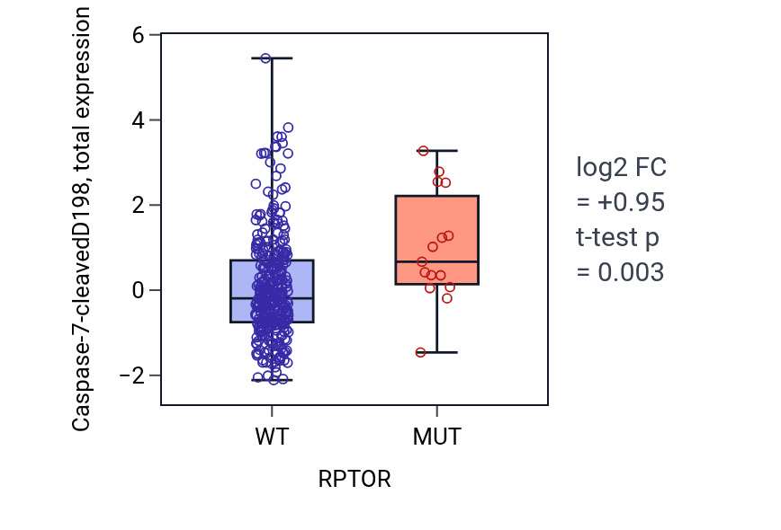 Box plot of Caspase-7-cleavedD198 in RPTOR-low vs RPTOR-high samples in COAD.