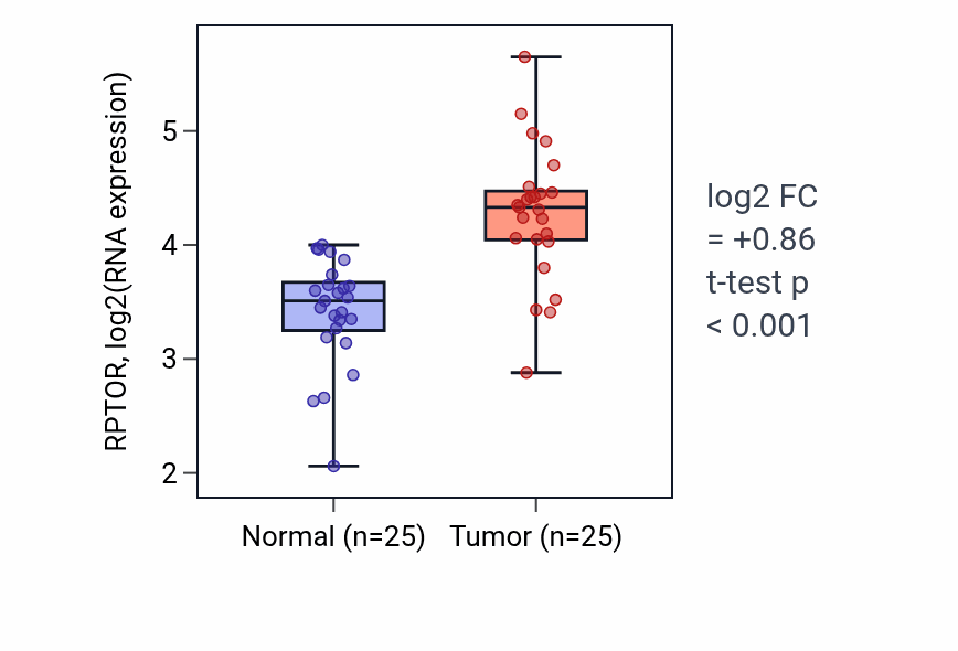 Tumor-vs-normal expression box plot for RPTOR RNA in HNSC.